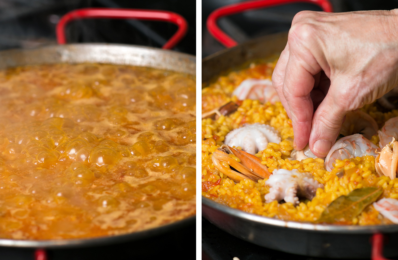 Boiling down broth and adding seafood