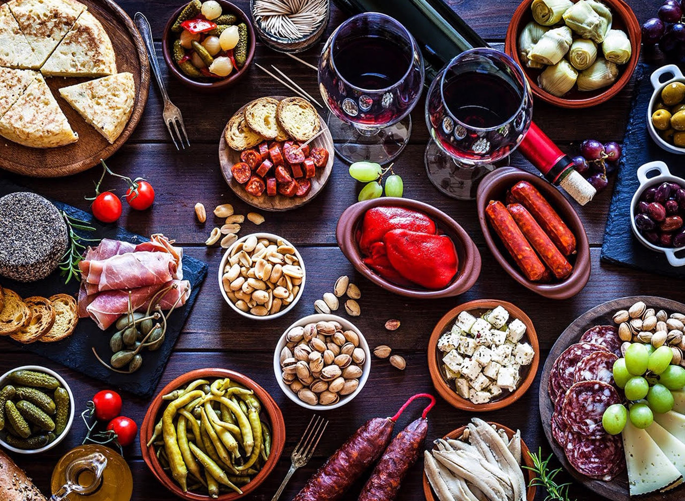 Various appetizer dishes arranged beautifully on a tabletop