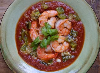 Pan Roasted Shrimp with Tomato, Chilies and Mezcal