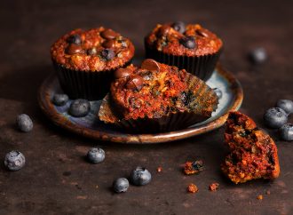 Triple Oatmeal Chocolate Chip Muffins with Blueberries, Chia Seeds & Pecans
